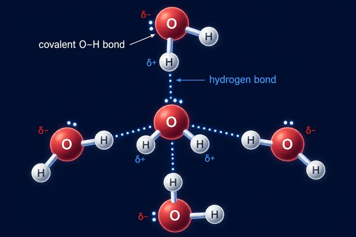 hydrogen bond meaning picture: Several water molecules with dotted lines between H of one and O of another; label 'covalent O–H bond', 'hydrogen bond',