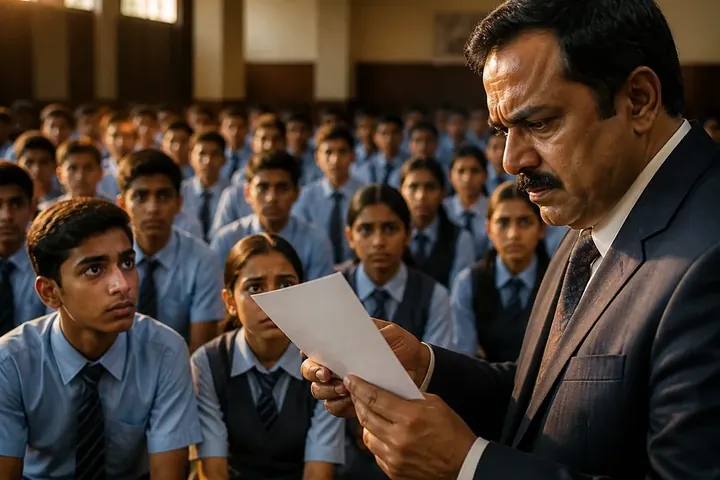 absolute meaning picture: A hushed school hall where every student sits frozen, waiting as a principal holds a results sheet.