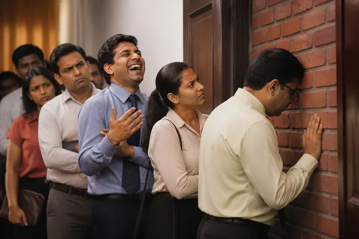 absurd meaning picture: A long queue of serious office workers waiting in front of a door that opens onto a brick wall, one man laughing