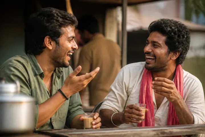 accent meaning picture: Two friends from different Indian states laughing while chatting at a roadside tea stall