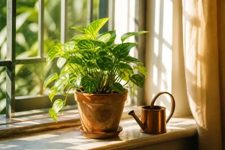 adequate meaning picture: A healthy potted plant on a sunny windowsill beside a small watering can.