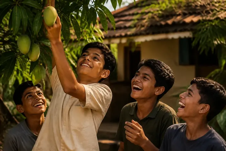 advantage meaning picture: A tall boy easily picking mangoes from a tree while his shorter friends watch and laugh.