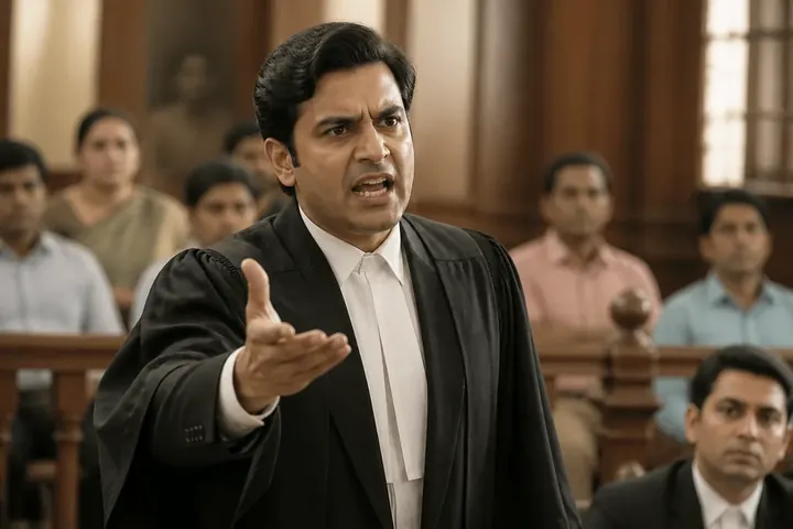 advocate meaning picture: An Indian lawyer in a black coat and white neck bands arguing a case in a courtroom.