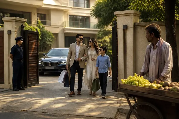 affluent meaning picture: A gleaming South Delhi villa gate with a uniformed guard, a sleek car in the driveway, and a well-dressed Indian family