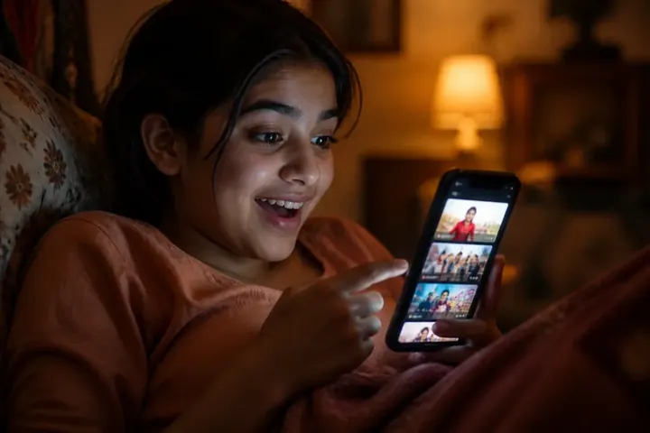 algorithm meaning picture: A young person scrolling a phone at night, the screen glowing with a feed of video thumbnails