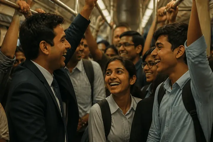 alike meaning picture: A crowded Indian metro coach with office workers in formal clothes and students with backpacks standing together
