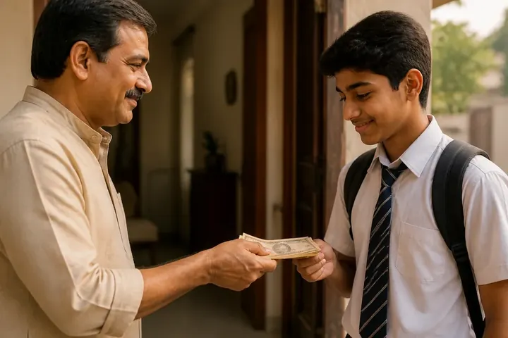 allowance meaning picture: A father handing some rupee notes to his teenage son at the front door before school
