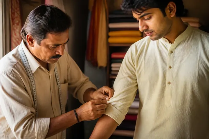alter meaning picture: Tailor in a small Indian shop pinning the sleeve of a kurta worn by a customer