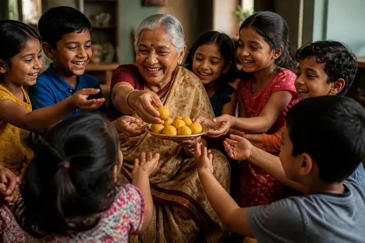among meaning picture: Grandmother sharing laddoos from a plate among a circle of excited children