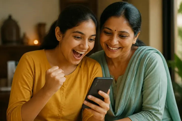 apparent meaning picture: A girl beaming with joy while checking exam results on a phone, her mother smiling beside her