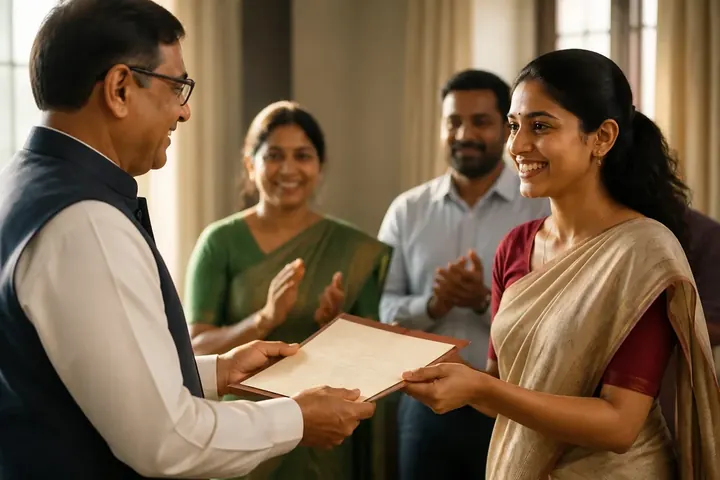 appoint meaning picture: A formal ceremony where a senior official hands an appointment letter to a smiling woman in a sari