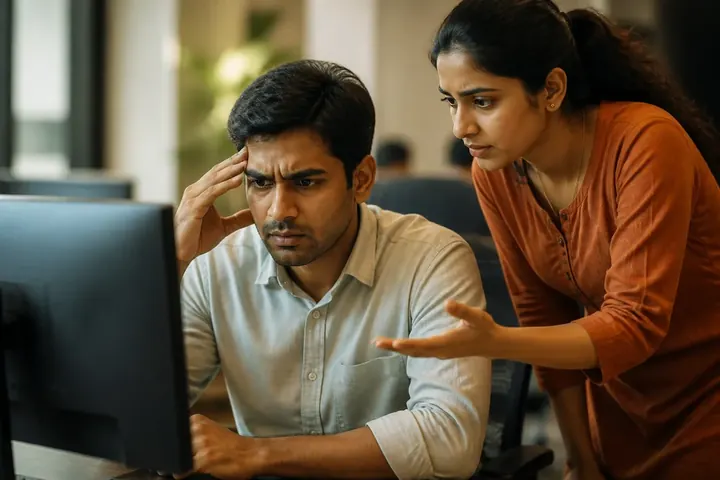 arise meaning picture: An office worker frowning at an error message on a computer screen, a colleague walking over to help
