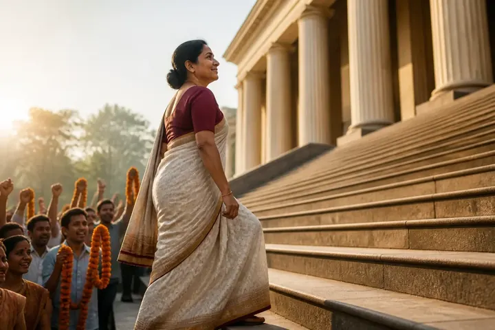 ascend meaning picture: A middle-aged Indian woman politician in a crisp saree climbs the broad stone steps of a state assembly building, head h