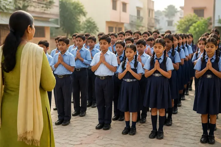 assembly meaning picture: Rows of Indian schoolchildren in uniform standing in a courtyard for morning assembly, hands folded, a teacher at the fr