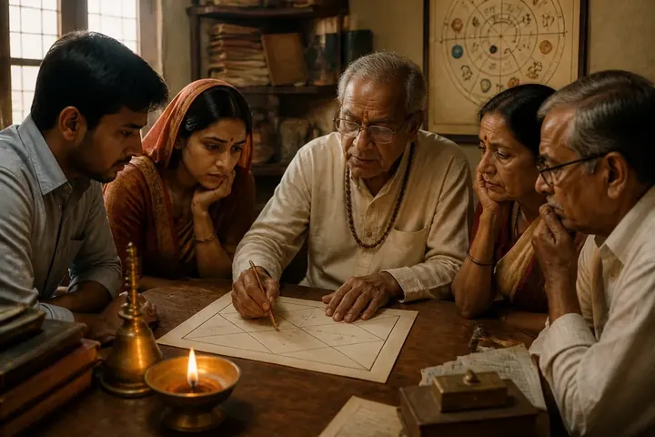 astrology meaning picture: A small astrologer's room in an Indian town, an elderly man in spectacles tracing lines on a hand-drawn birth chart with