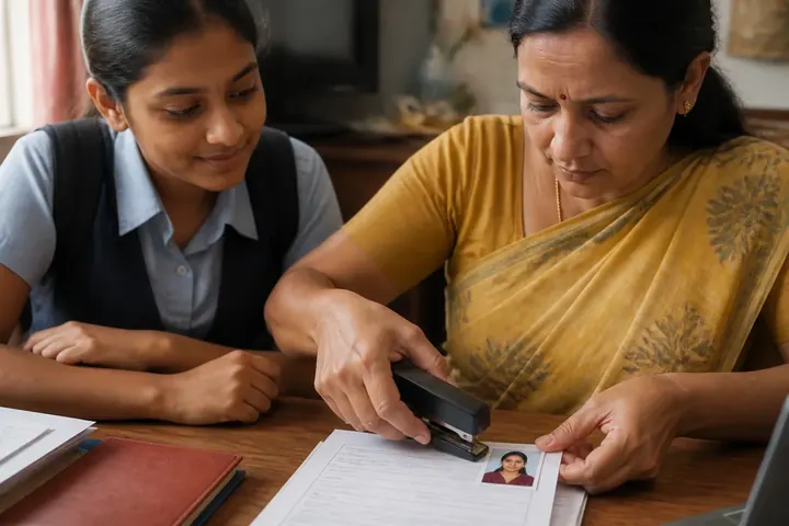 attach meaning picture: Hands stapling a passport-size photo onto a printed application form on a desk