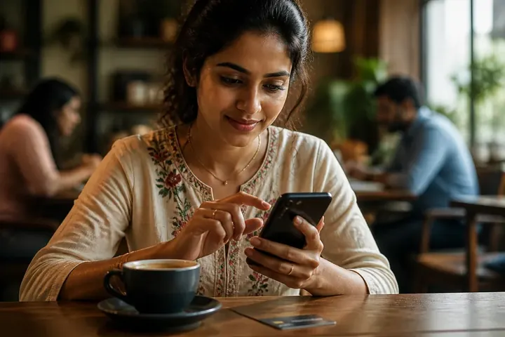 authorize meaning picture: A woman at a café table typing an OTP on her phone to approve an online payment, a card lying beside her coffee