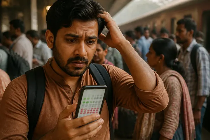 availability meaning picture: A person checking a train booking app on a phone showing a seat availability chart, at a busy railway station