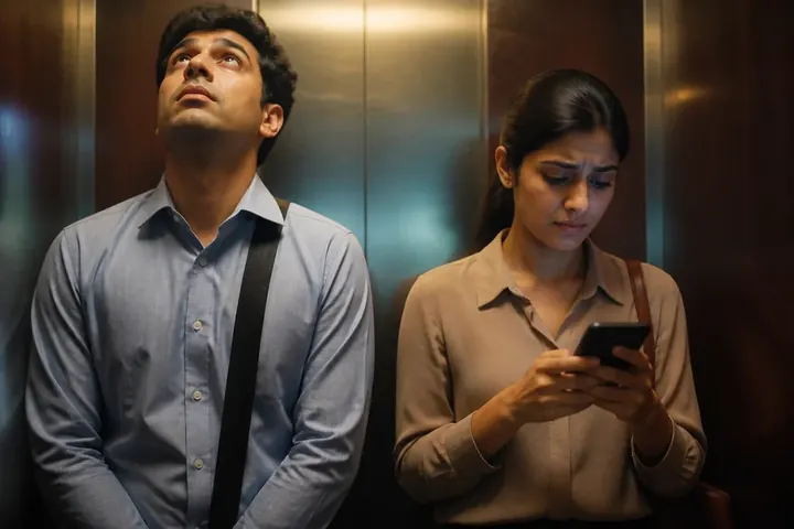 awkward meaning picture: Two young colleagues in a lift avoiding eye contact, one looking at the ceiling and the other at her phone, uncomfortabl