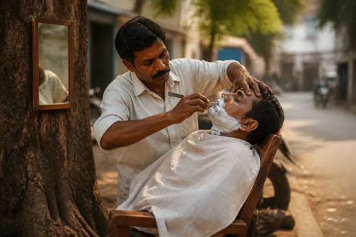 barber meaning picture: A roadside barber in an Indian town shaving a customer on a wooden chair under a tree, a small mirror hung on the trunk