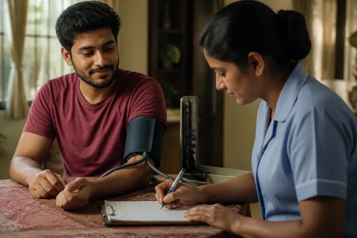 baseline meaning picture: A nurse measuring a young man's blood pressure and writing the reading on a chart as the first entry