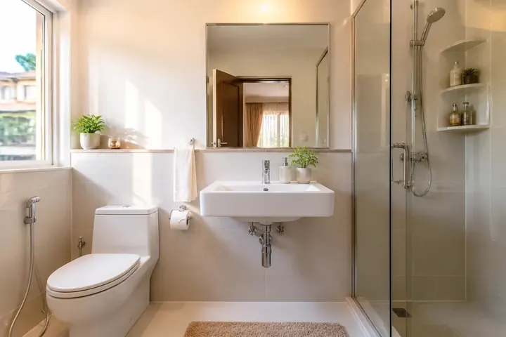 bathroom meaning picture: A clean, tiled home bathroom with a sink, mirror and shower, morning light coming in