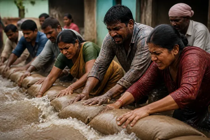 battle meaning picture: Villagers working together with sandbags to hold back rising flood water