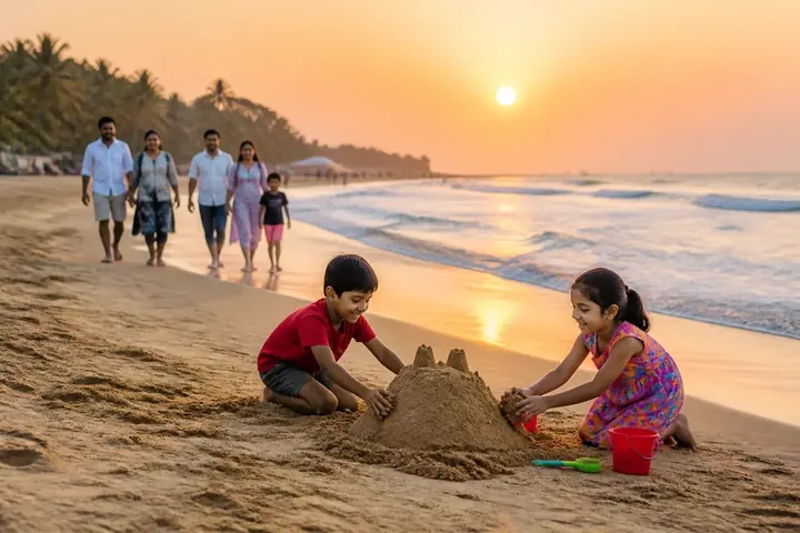beach meaning picture: Families walking on a sandy Indian beach at sunset, children building sandcastles near the waves