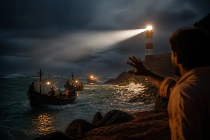 beacon meaning picture: A lighthouse on a rocky coast shining a strong beam across a stormy sea at night, fishing boats heading towards it