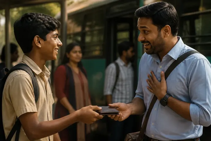belong meaning picture: A boy at a bus stop handing a lost wallet back to its relieved owner