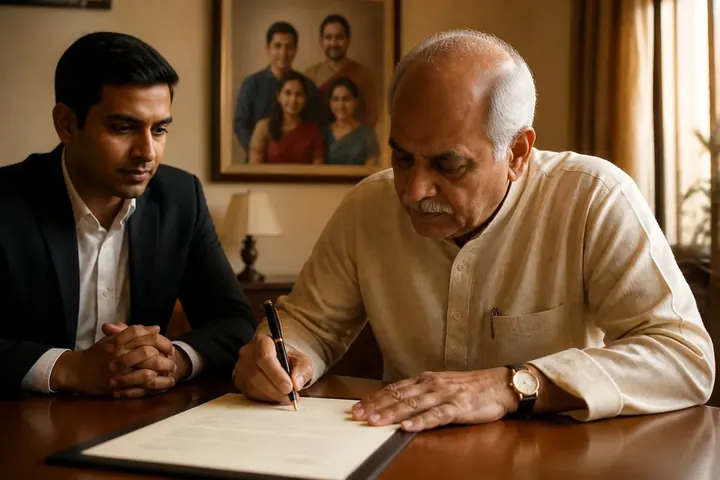 bequeath meaning picture: An elderly man signing a formal document at a desk beside a lawyer, with a family portrait on the wall