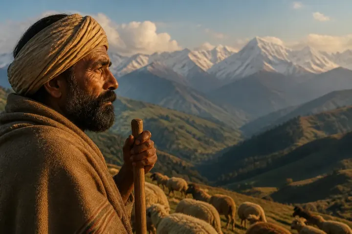 beyond meaning picture: A shepherd on a hilltop gazing at distant snowy mountains far beyond green valleys