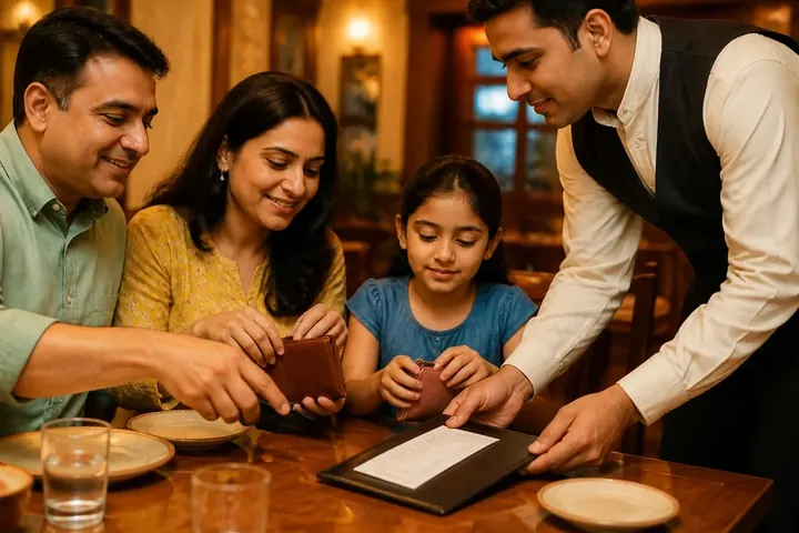 bill meaning picture: A waiter placing a restaurant bill on the table as a family reaches for their wallets