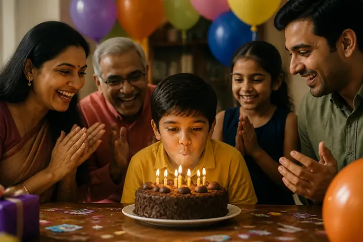 birthday meaning picture: A child blowing out candles on a birthday cake, family and balloons around the table