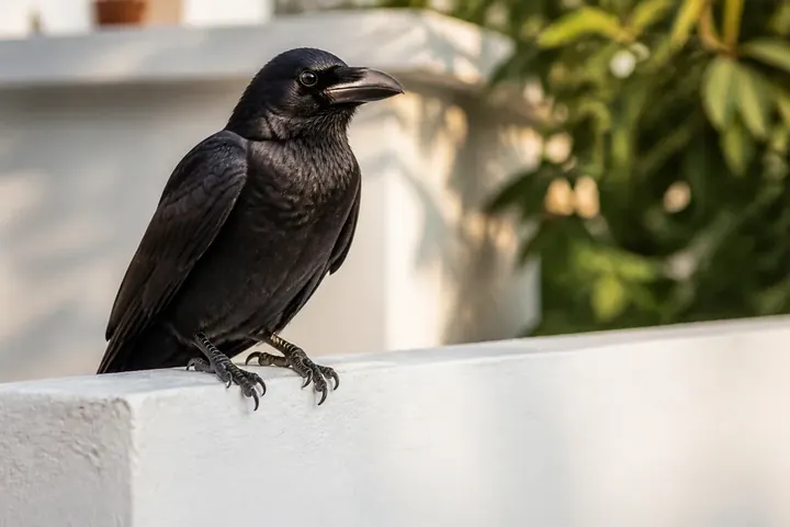 black meaning picture: A glossy black crow sitting on a freshly painted white wall