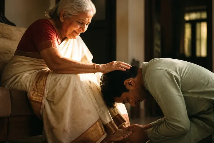 bless meaning picture: An elderly grandmother placing her hand on a young man's head in blessing as he touches her feet