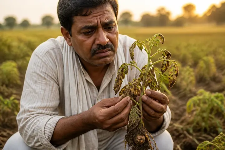 blight meaning picture: A worried farmer kneeling in a field, holding a withered potato plant with brown-spotted leaves