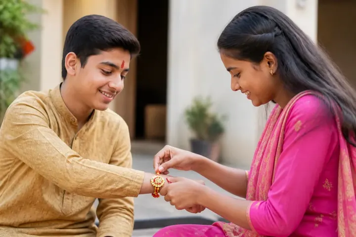 bond meaning picture: A sister tying a colourful rakhi on her smiling brother's wrist during Raksha Bandhan