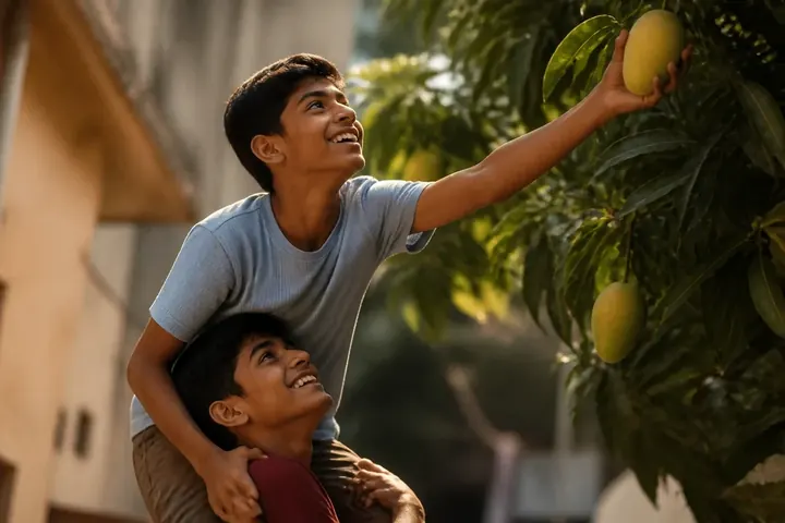 boost meaning picture: A smiling teenager being lifted up by a friend to reach a mango on a tree branch