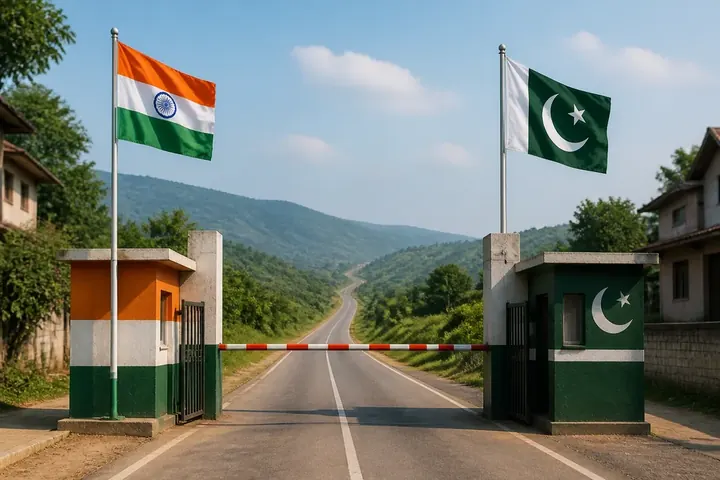border meaning picture: A border checkpoint gate with flags and a long road stretching into hills beyond