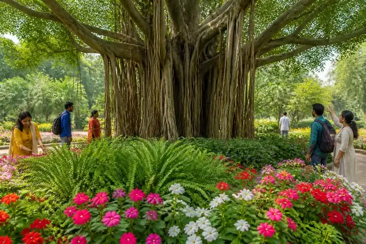 botany meaning picture: Lush Indian botanical garden with visitors admiring colourful flowers, ferns and a giant banyan tree