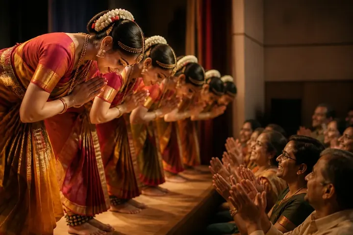 bow meaning picture: A row of Indian classical dancers on stage bending low from the waist, palms pressed together and heads bowed, as the au