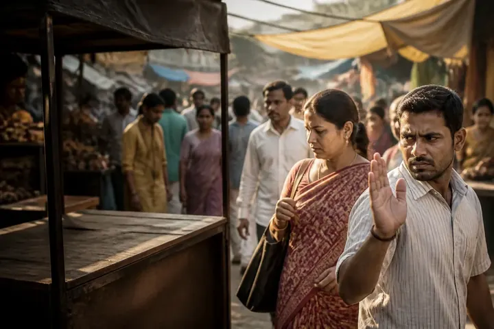 boycott meaning picture: A busy market where one stall stands completely empty while shoppers walk past it