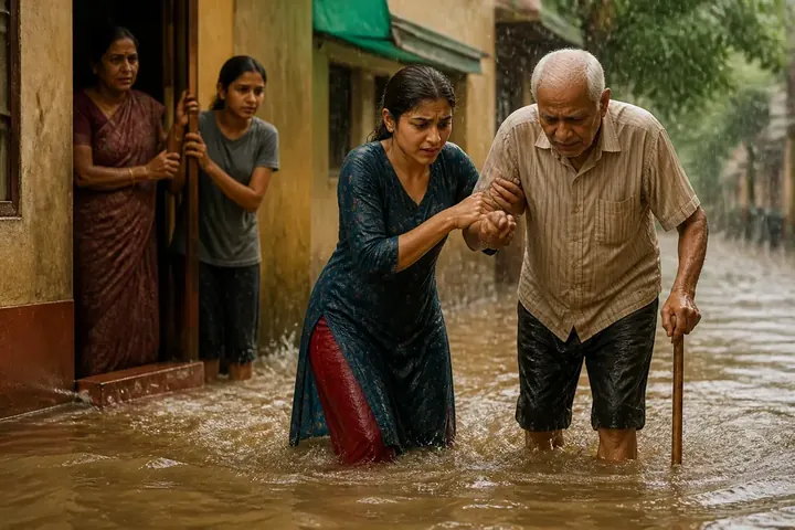 bravery meaning picture: A young woman helping an elderly man through a flooded street while others watch from a doorway.