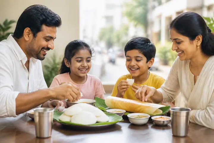 breakfast meaning picture: A South Indian family eating idli, dosa and chutney at a breakfast table on a bright morning