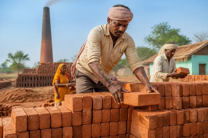 brick meaning picture: Workers stacking red clay bricks at a brick kiln with a tall chimney in rural India