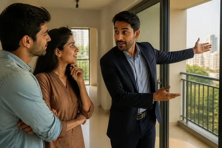 broker meaning picture: A property agent showing an empty apartment to a young couple, pointing towards the balcony