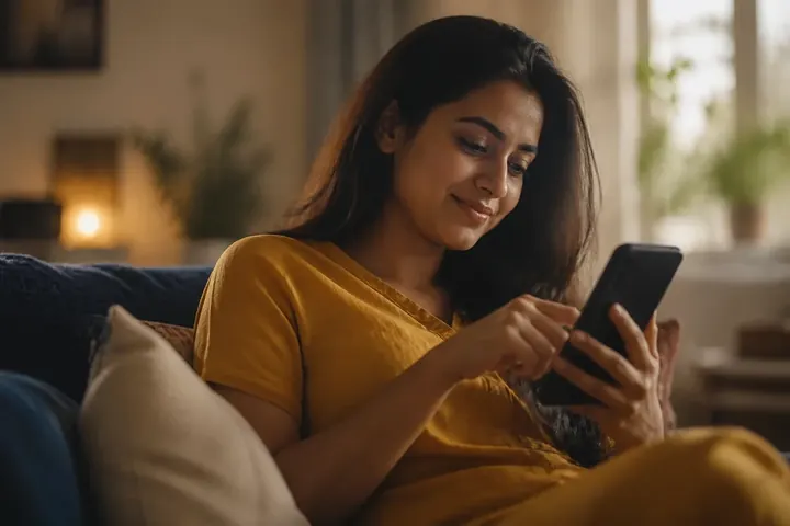 browse meaning picture: A person casually scrolling through a phone screen while relaxing on a sofa
