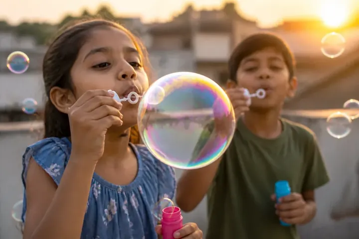 bubble meaning picture: Children on a rooftop terrace blowing shiny soap bubbles in golden evening light