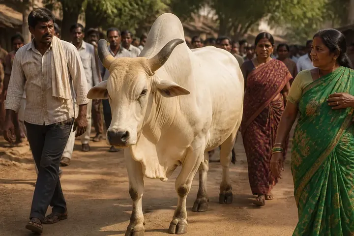 bull meaning picture: A large white humped bull standing on a dusty village road in India, people walking around it